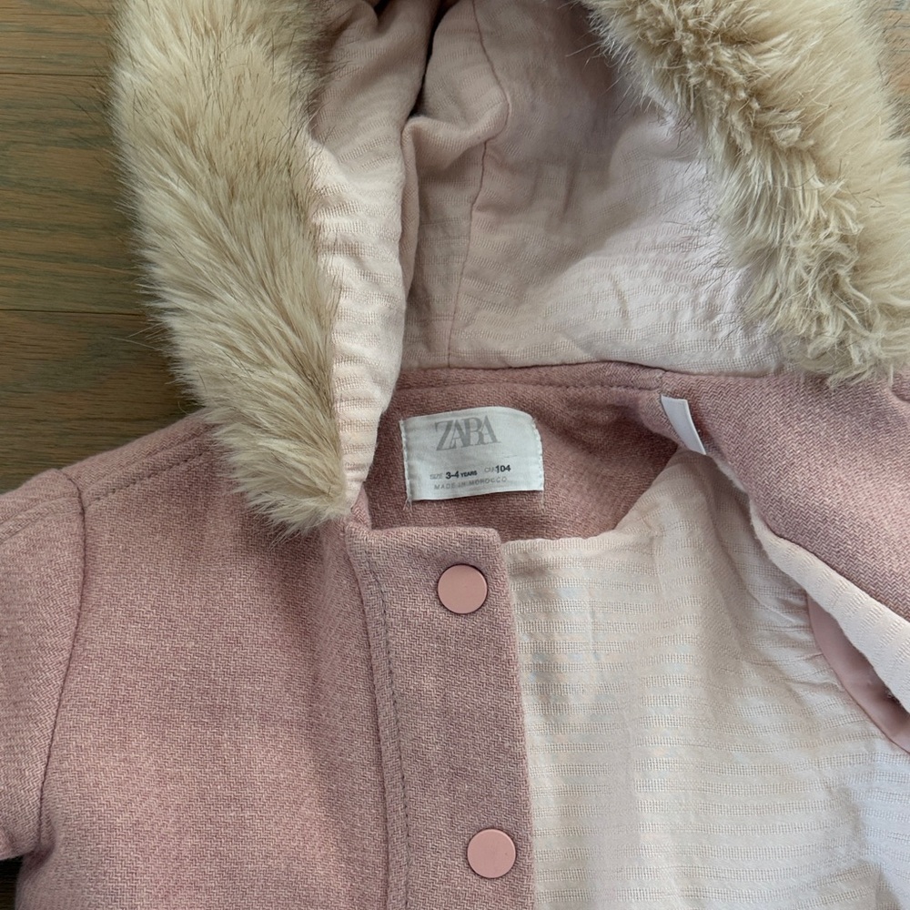 Zara Girls Pink Hooded Pea Coat with Faux-Fur Trim